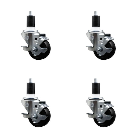 Service Caster 3'' SS Soft Rubber Swivel 1-1/2'' Expanding Stem Caster Set with Brake, 4PK SCC-SSEX20S314-SRS-TLB-112-4